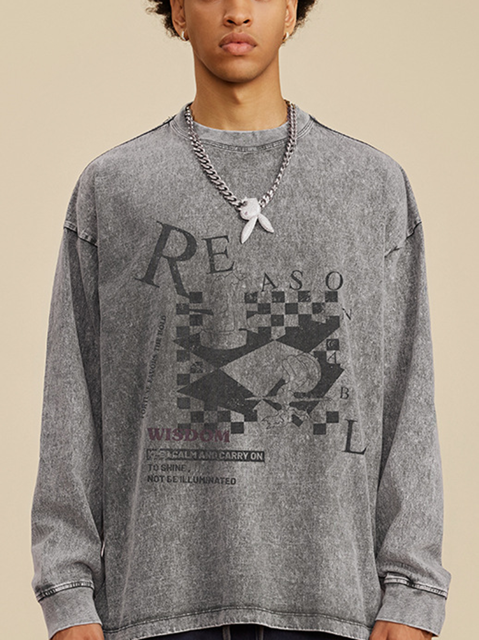 T-shirt à manches longues vintage avec motif d'échecs