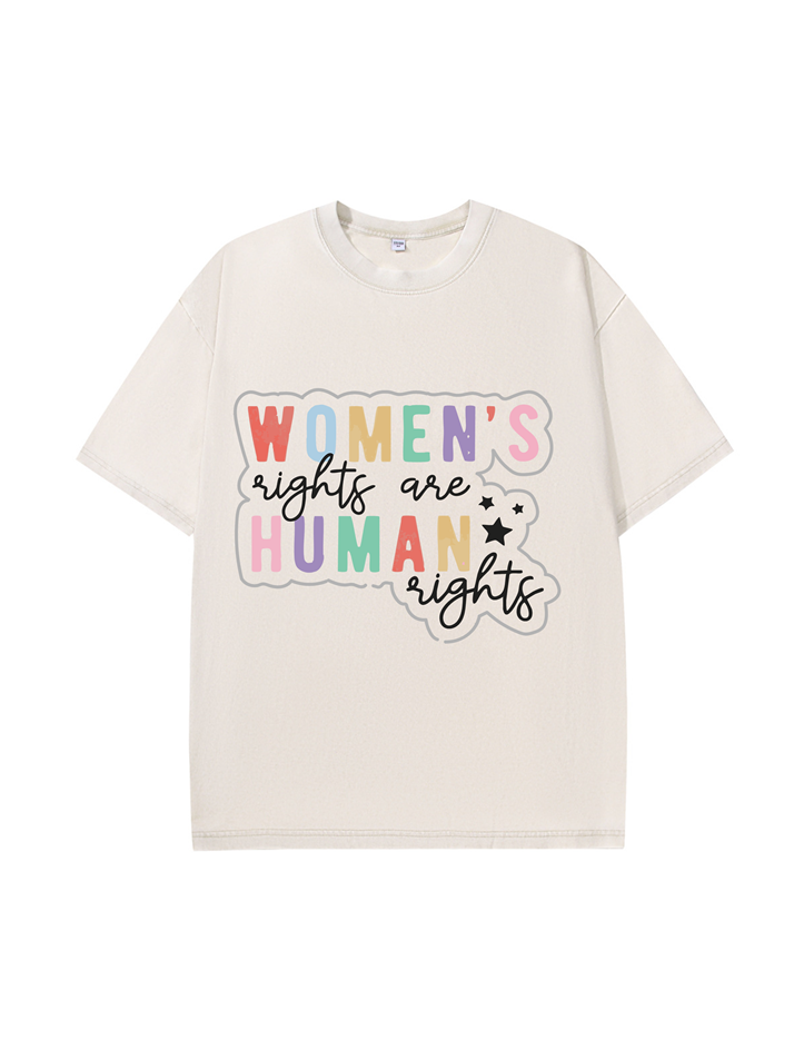T-shirt en coton délavé imprimé Droits de l'homme de couleur 230g pour femme