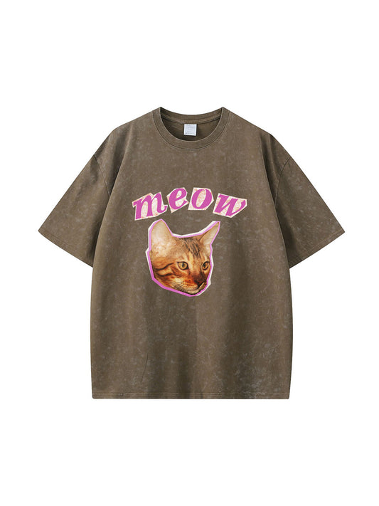 T-shirt en coton délavé imprimé MEOW