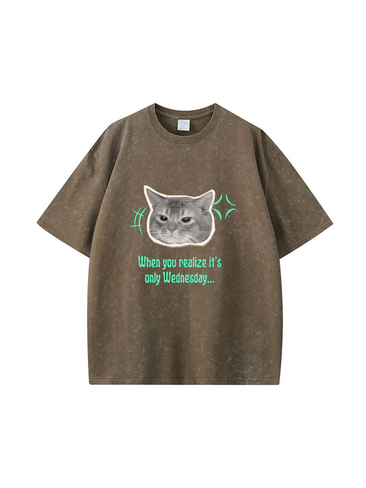 T-shirt en coton délavé avec imprimé chat