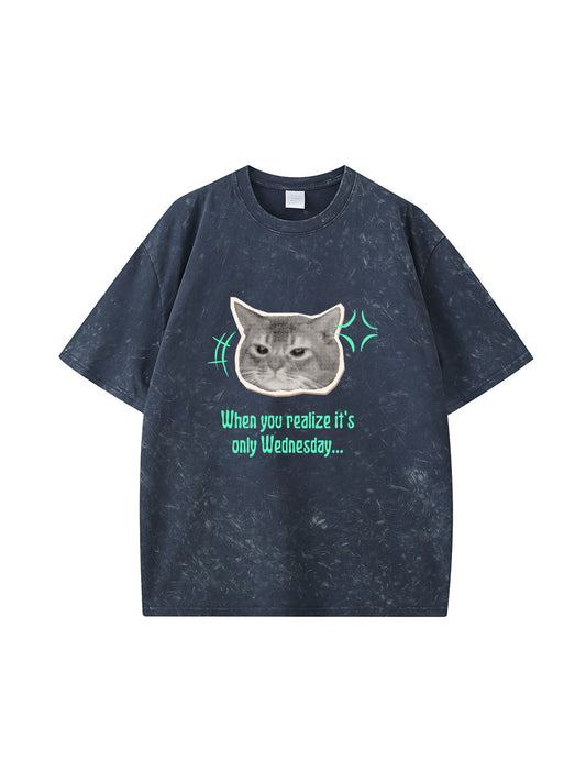 T-shirt en coton délavé avec imprimé chat