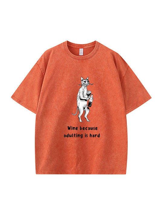 T-shirt en coton délavé imprimé vin rouge
