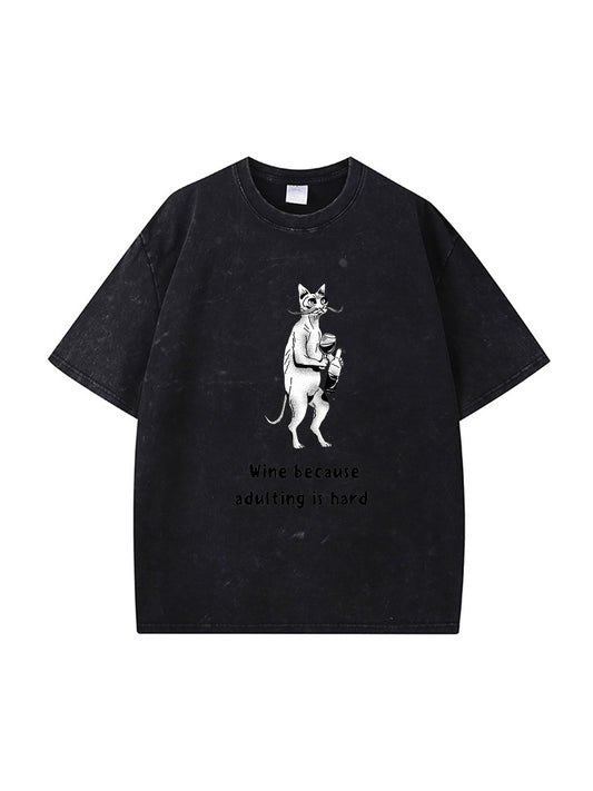 T-shirt en coton délavé imprimé vin rouge